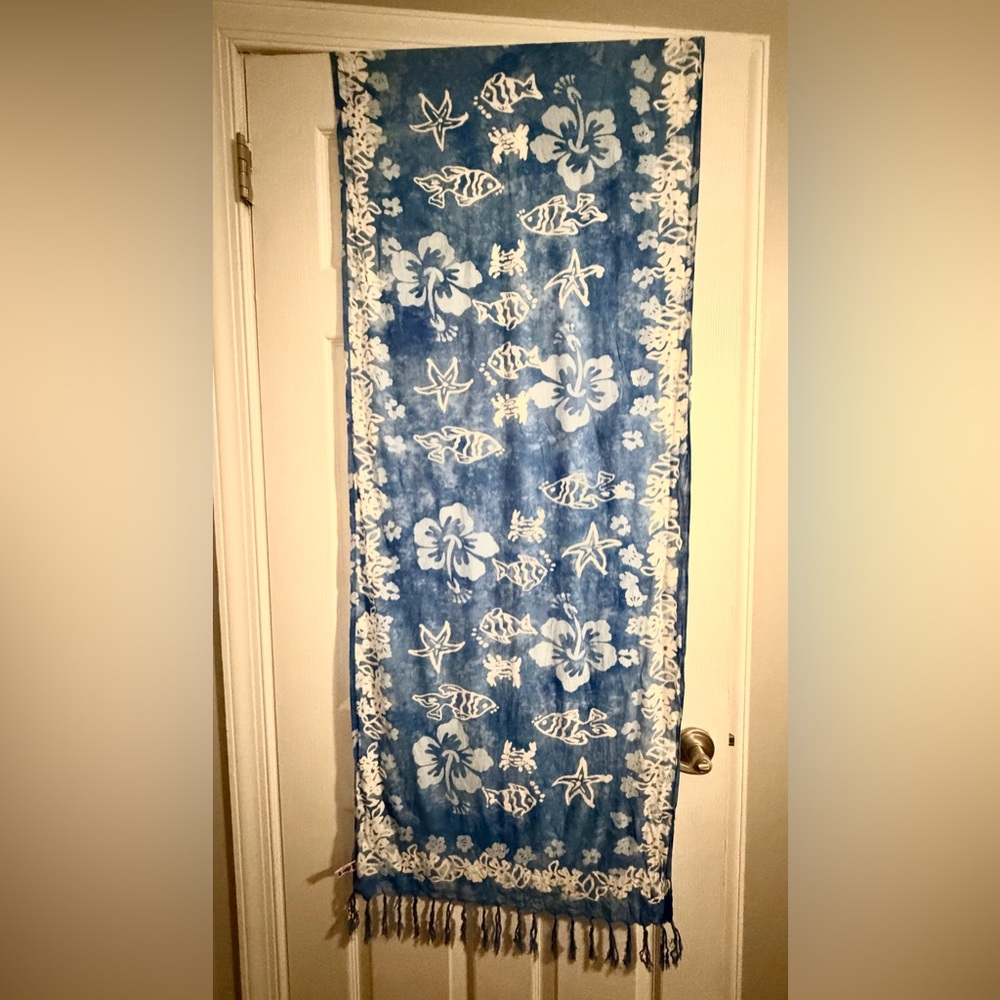 Blue Tropical Floral & Fish Print Scarf / Sarong